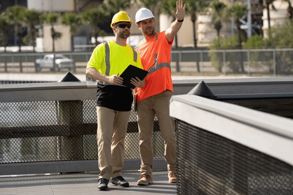 Two construction workers in hard hats reviewing documents on Florida job site - workers comp insurance